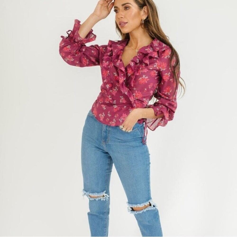 NWT Free People Amanda Ruffle Top Sultry Combo sheer cotton blouse size XS